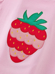 Baby pink cotton tee with a layered strawberry graphic applique.