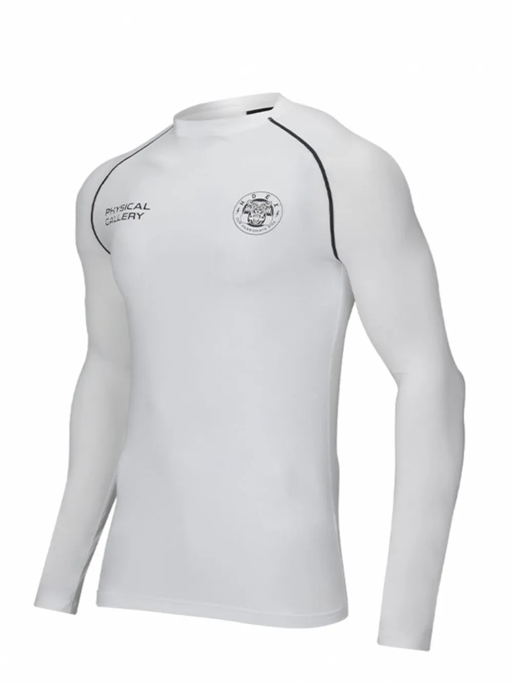 White long sleeve performance fit crew neck t-shirt with black piping and logos.