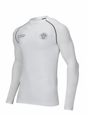 White long sleeve performance fit crew neck t-shirt with black piping and logos.