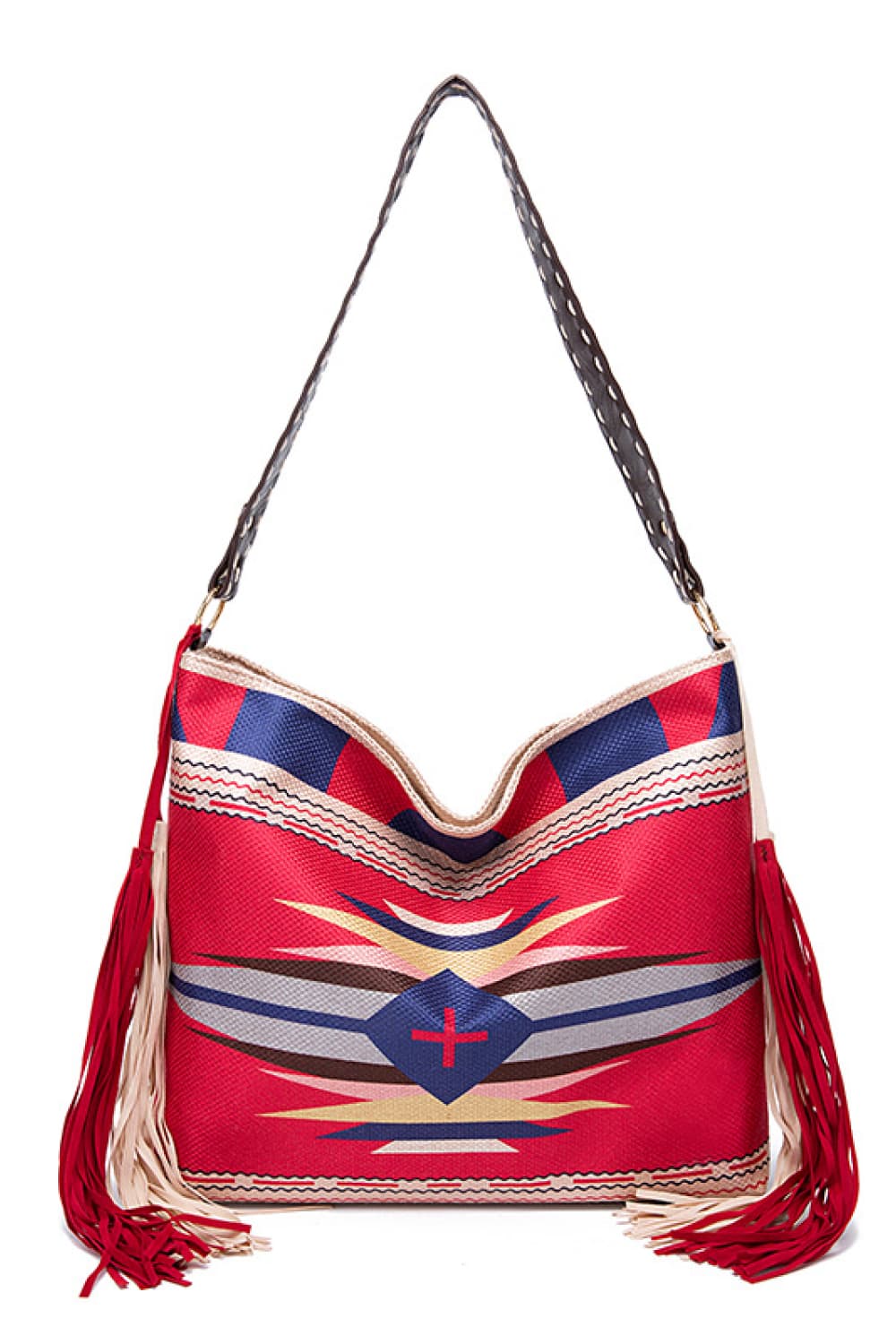 Southwestern fringe hobo bag in red with geometric pattern and canvas material.