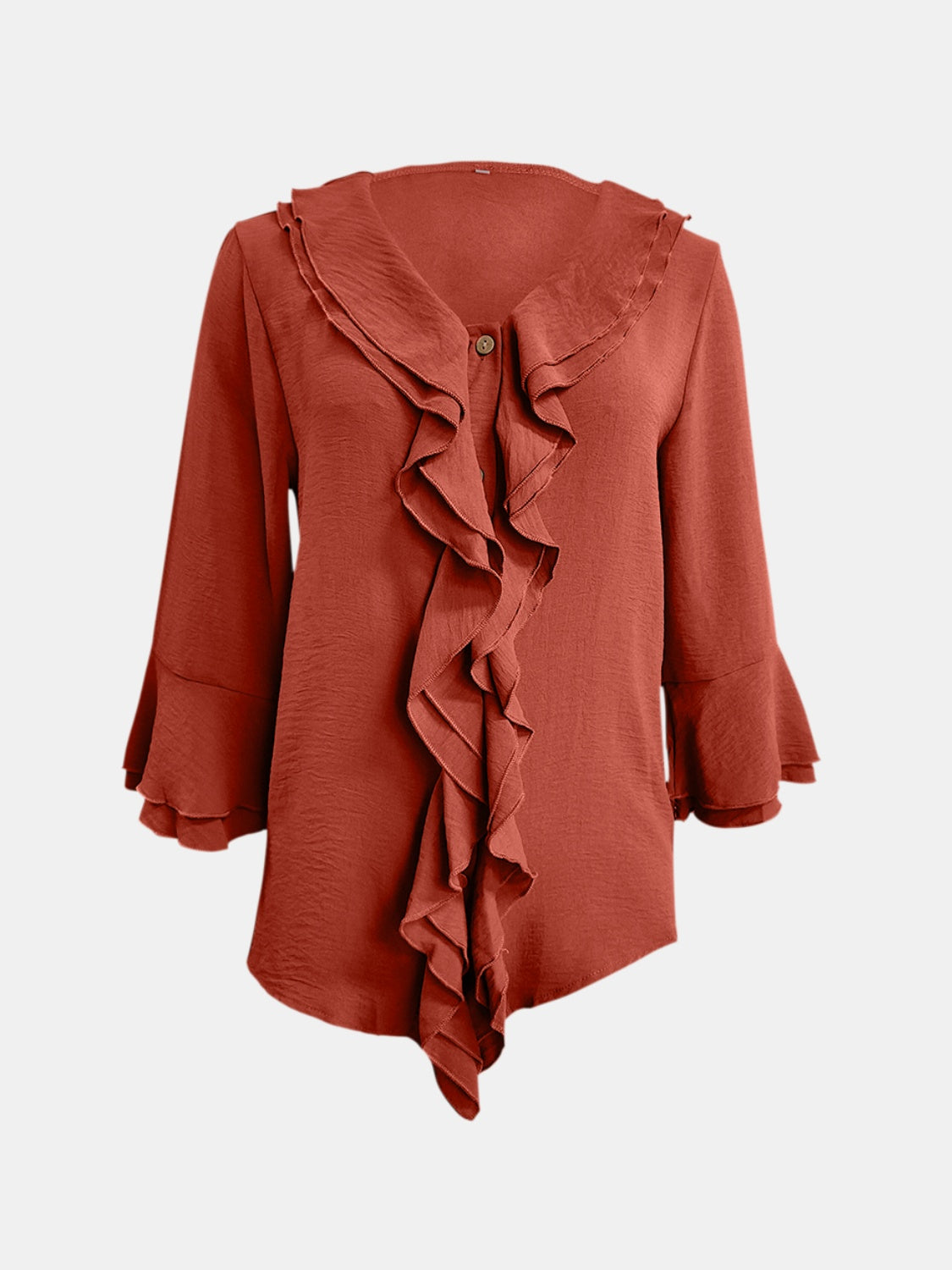 Orange-red linen blouse with ruffled neckline, button detail, and flared sleeves.