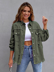 Moss green distressed denim shacket with frayed hem and cuffs, button front, and chest pockets.