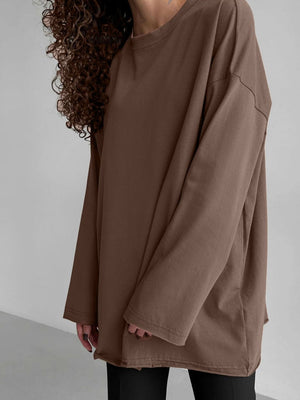 Oversized taupe cotton jersey long sleeve top with crew neck and relaxed fit.