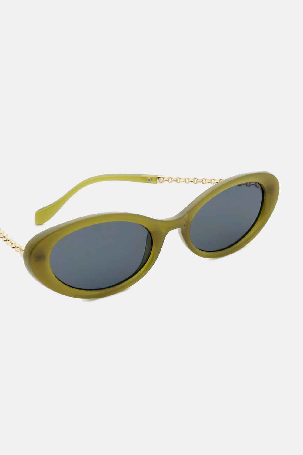 Olive oval sunglasses with gold chain detail and dark lenses
