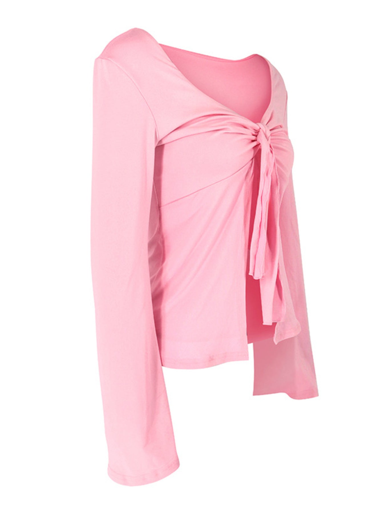 Pink tie-front long sleeve blouse with a V-neckline and draped front detail.
