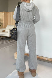 Gray hooded jumpsuit with drawstring waist and wide leg pants, casual loungewear.