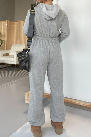 Gray hooded jumpsuit with drawstring waist and wide leg pants, casual loungewear.