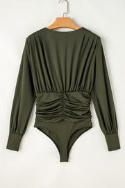 Army green long sleeve bodysuit with draped bodice and ruched waist detail