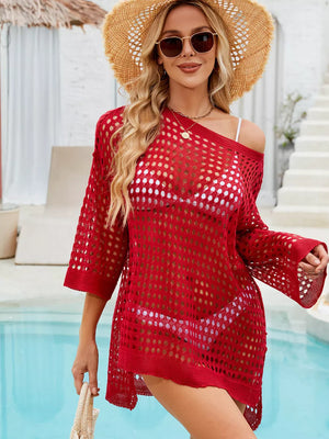 Deep red openwork crochet knit swim cover-up with crew neck and 3/4 sleeves.