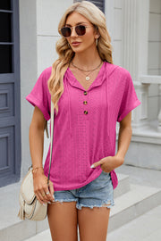 Hot Pink perforated henley hooded tee with short sleeves and button detail