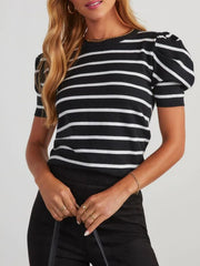 Striped knit puff sleeve tee in black and white, with a crew neck and short sleeves.
