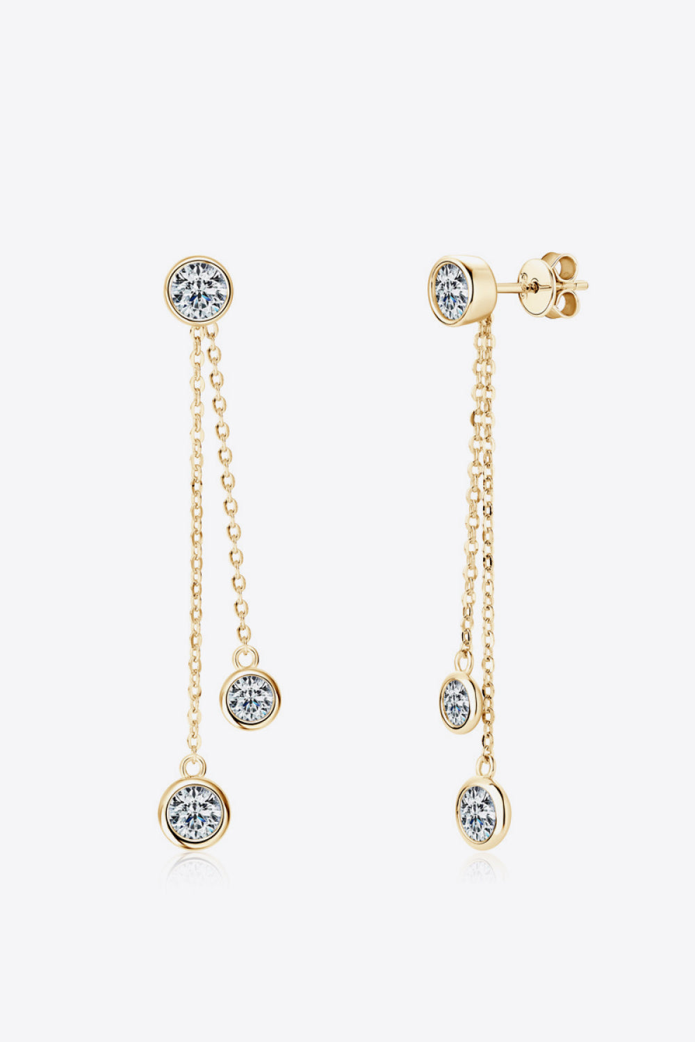 Gold cascade diamond drop earrings with three bezel-set cubic zirconia stones and delicate chain detail.