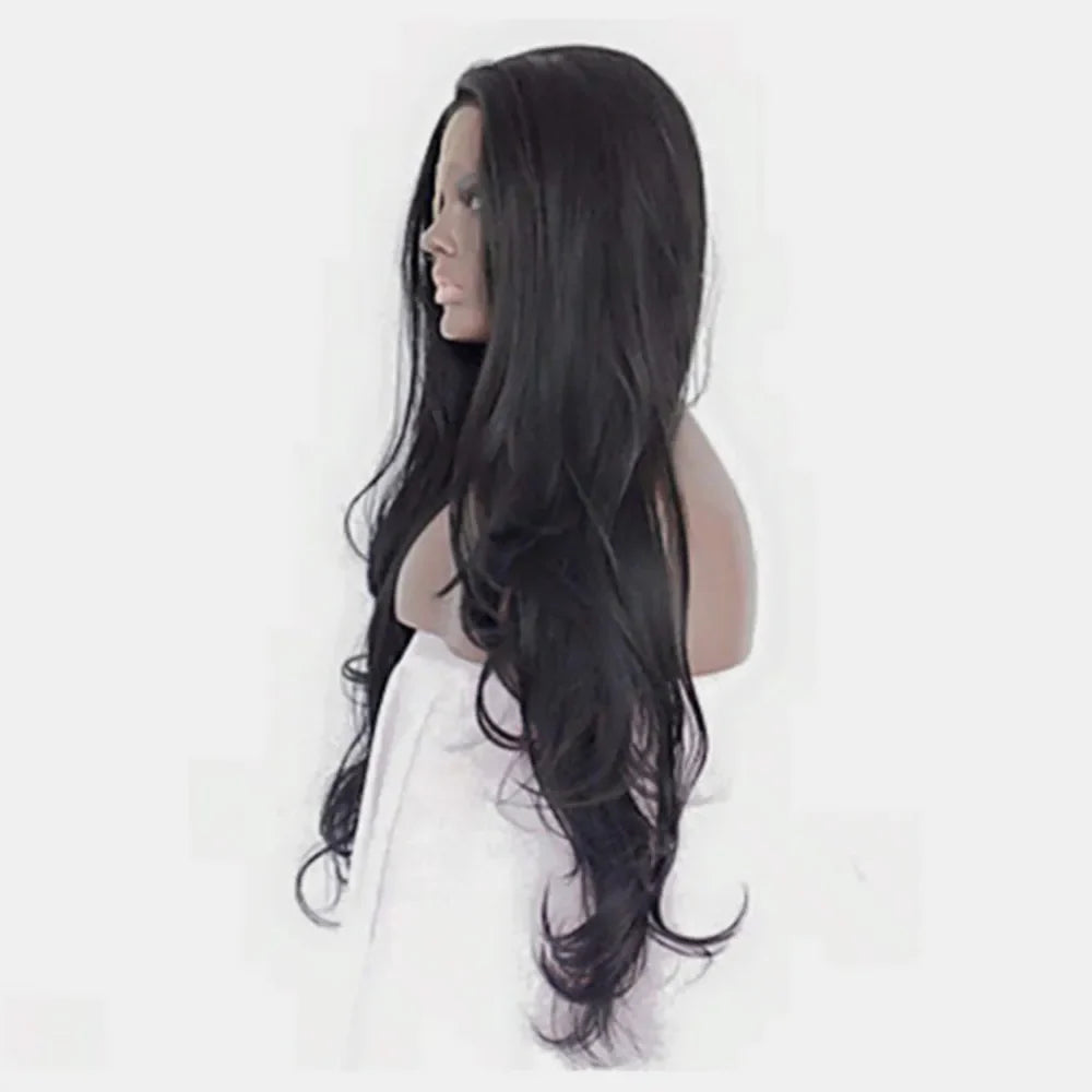 Black lace front wig with voluminous, cascading waves and a natural hairline.