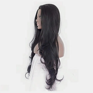 Black lace front wig with voluminous, cascading waves and a natural hairline.