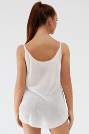 White ribbed knit cami with scoop back and thin straps