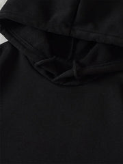 Black hoodie with adjustable drawstring hood and visible stitching detail.