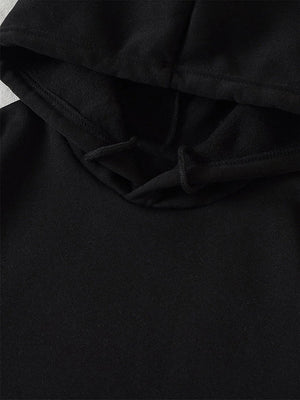 Black hoodie with adjustable drawstring hood and visible stitching detail.