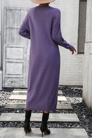 Mauve textured knit henley midi dress with long sleeves and button detail.