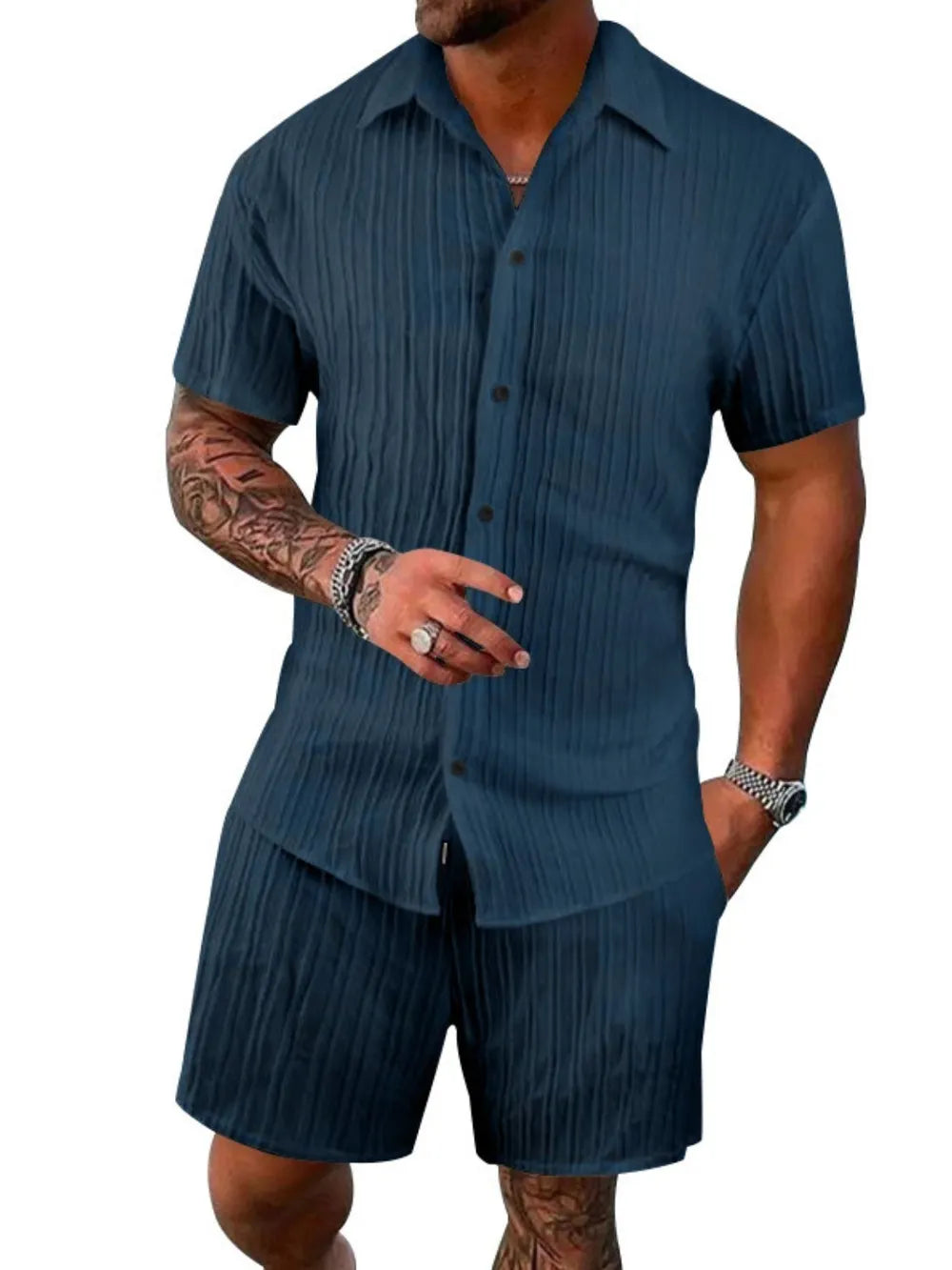 Textured pleated resort shirt and shorts set in peacock blue with button front and spread collar.