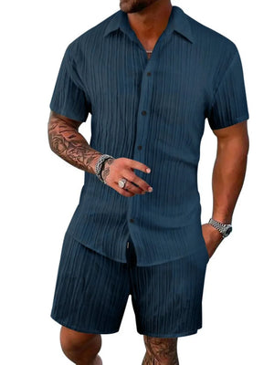 Textured pleated resort shirt and shorts set in peacock blue with button front and spread collar.