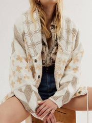 Geometric patchwork knit cardigan with button front and shawl collar in cream and tan.