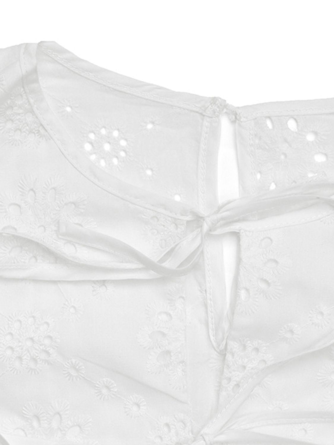 White eyelet bodysuit with floral embroidery and tie-back detail