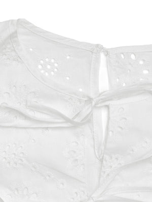 White eyelet bodysuit with floral embroidery and tie-back detail