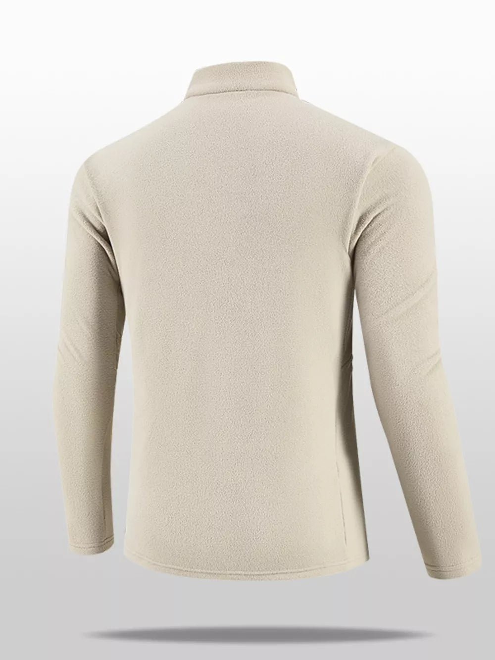 Khaki fleece quarter-zip sweatshirt with long sleeves and a stand-up collar.