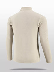 Khaki fleece quarter-zip sweatshirt with long sleeves and a stand-up collar.