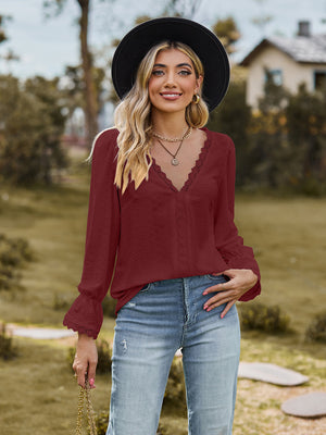 Wine lace trim textured blouse with V-neck and bell sleeves