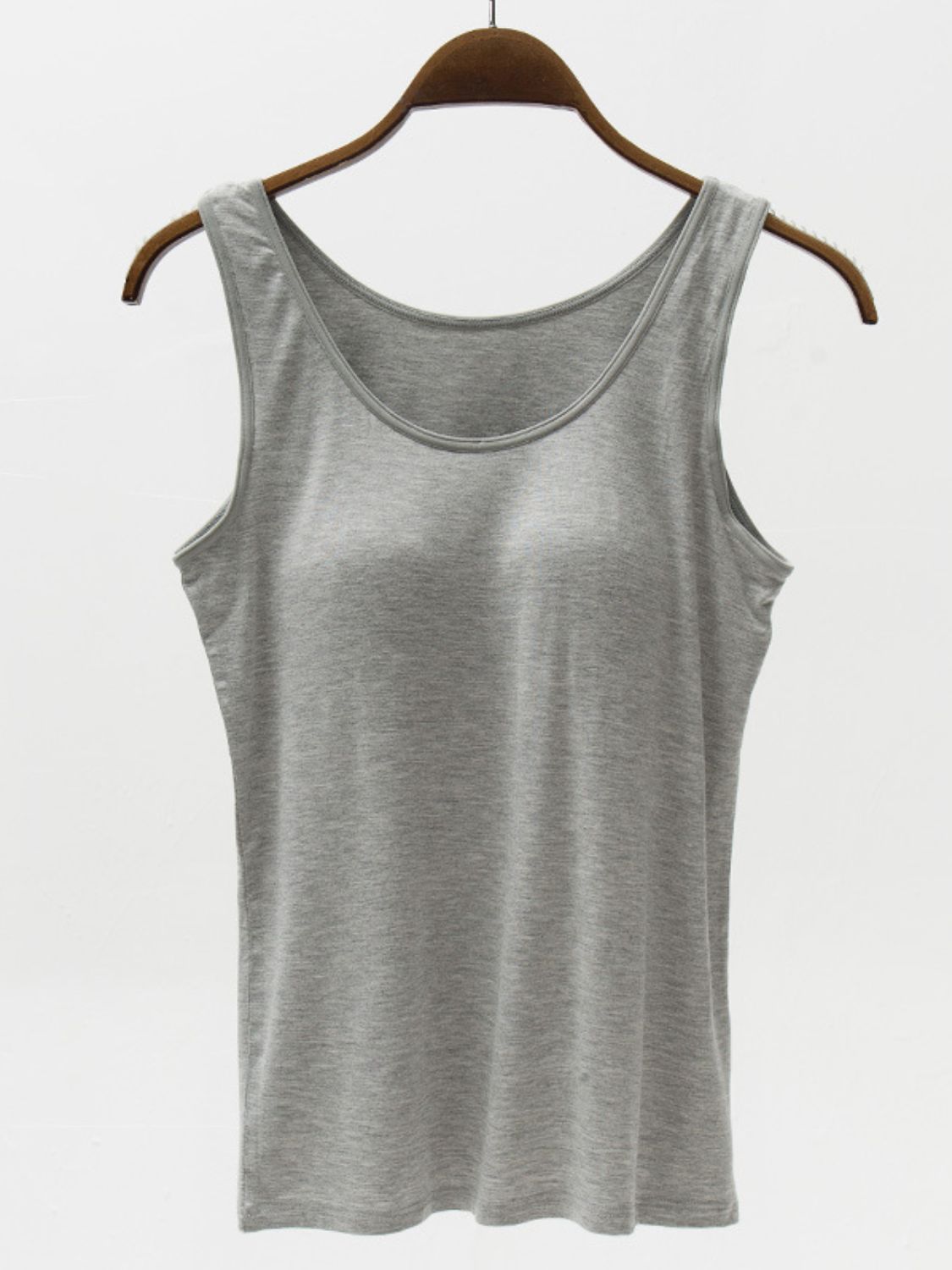 Gray modal tank top with scoop neck and built-in support.