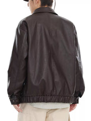 Brown faux leather bomber jacket with elasticated hem and cuffs.