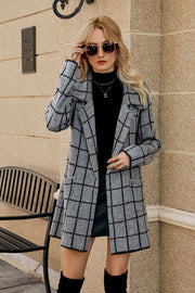 Gray grid-print knit blazer coat with lapels and pockets, acrylic material.