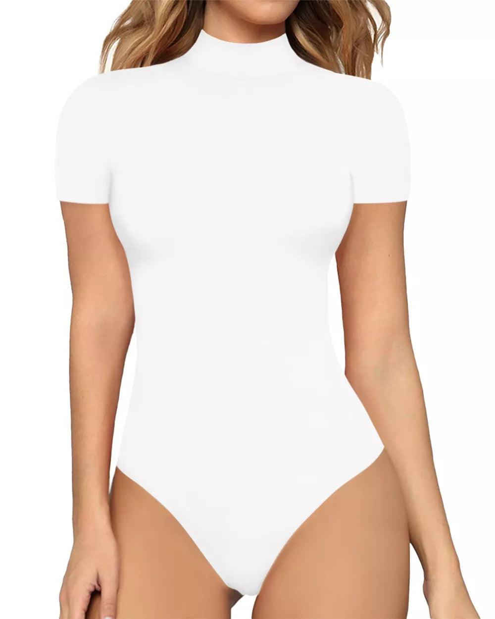 White short sleeve mock neck form-fitting bodysuit