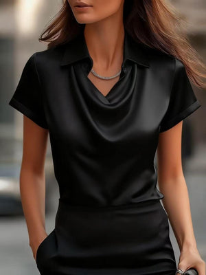 Black satin maternity shirt with cowl neck and short sleeves