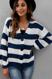 Chunky knit cardigan with balloon sleeves, navy and white stripes, V-neck, button front