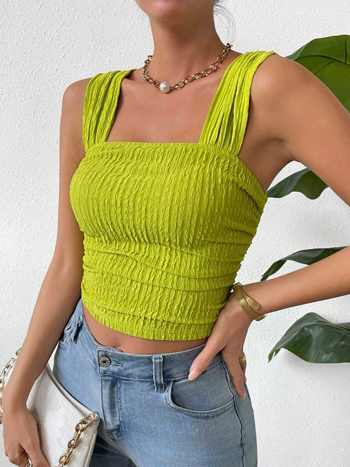 Textured crinkle strap crop top in yellow-green with ruched detail and square neckline