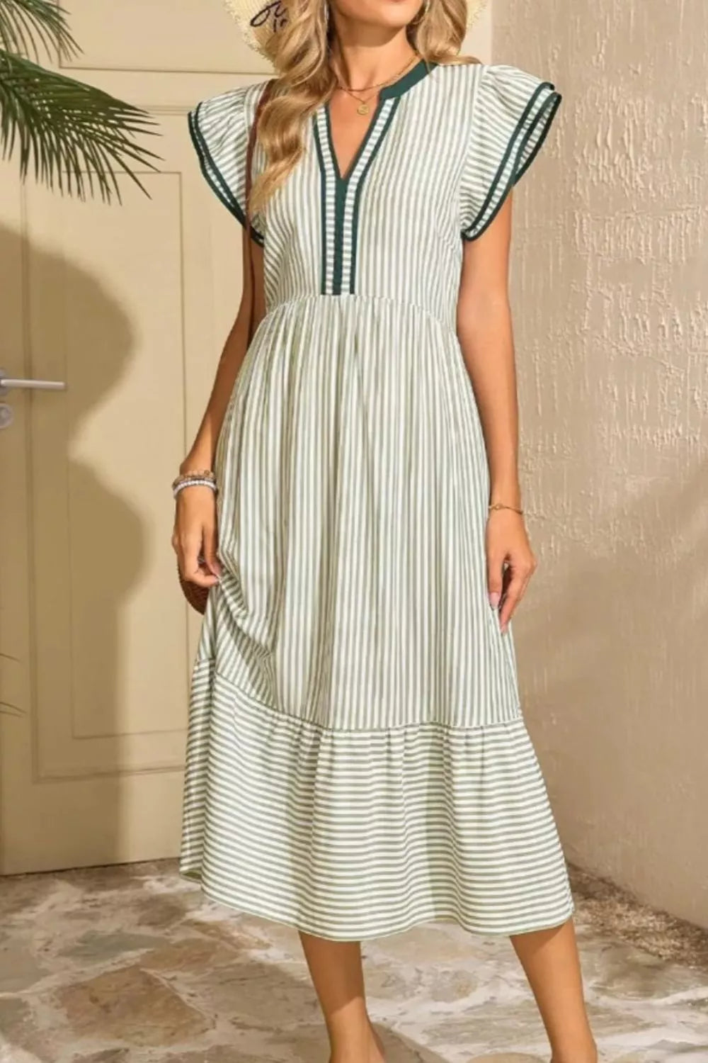 Midi dress in moss green and white stripes, V-neck with ruffle sleeves and tiered hem