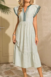 Midi dress in moss green and white stripes, V-neck with ruffle sleeves and tiered hem