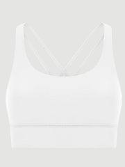 White performance bra with crisscross back straps and a scoop neckline.