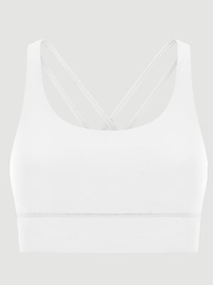White performance bra with crisscross back straps and a scoop neckline.