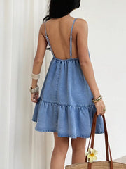 Casual Spaghetti Strap Ruffle Hem Denim Dress in Blue, back view