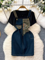 Black cotton tee with distressed denim overall dress featuring patchwork and embroidery.