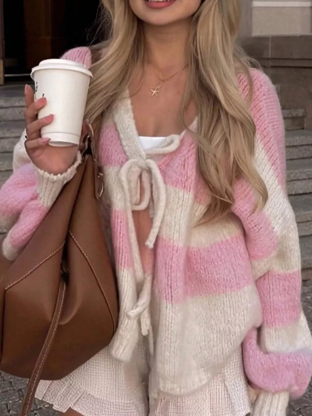 V-neck Ribbed Long-sleeve Top in Pink, front view