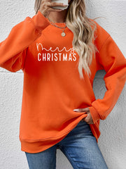 Orange Merry Christmas graphic sweatshirt with crewneck and long sleeves.
