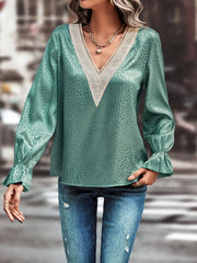 Turquoise satin blouse with lace inset V-neck and ruffle cuffs