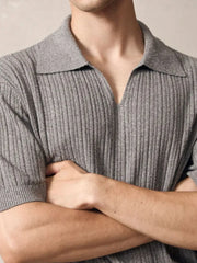 Gray ribbed knit polo with Johnny collar and short sleeves.