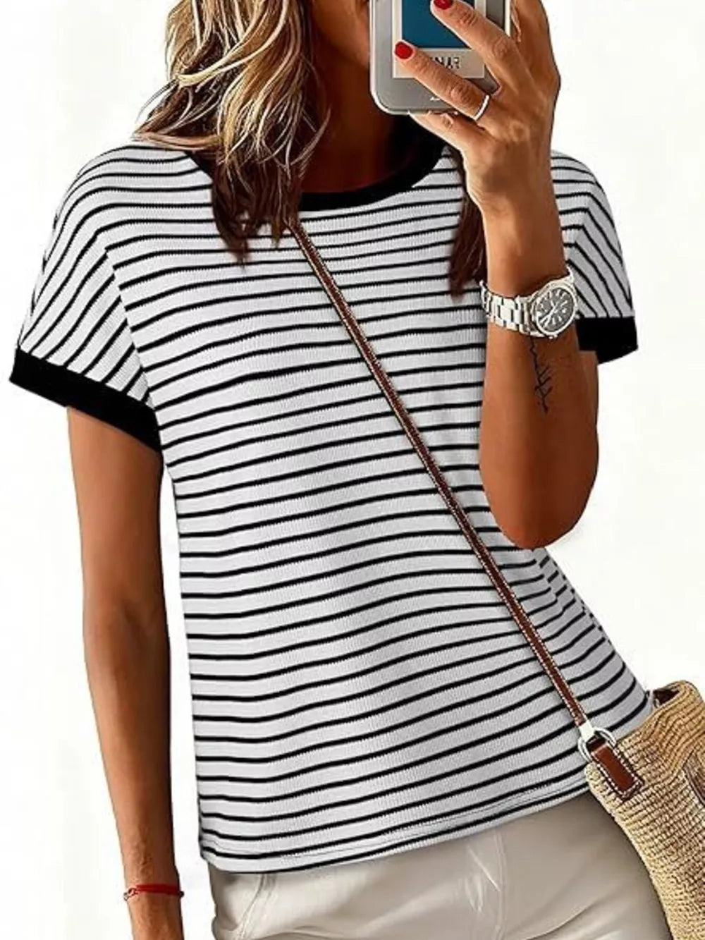 Classic Striped Crew Neck T-shirt in Dark Gray, front view