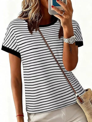 Classic Striped Crew Neck T-shirt in Dark Gray, front view