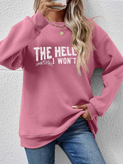 Graphic crewneck sweatshirt in Blush Pink with white text and floral detail.